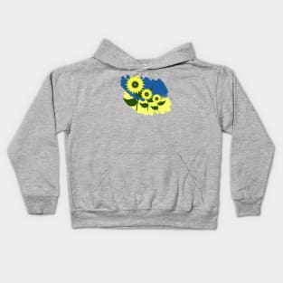 Blooming sunflowers on a blue and yellow background. Colors of the Ukrainian flag. Kids Hoodie